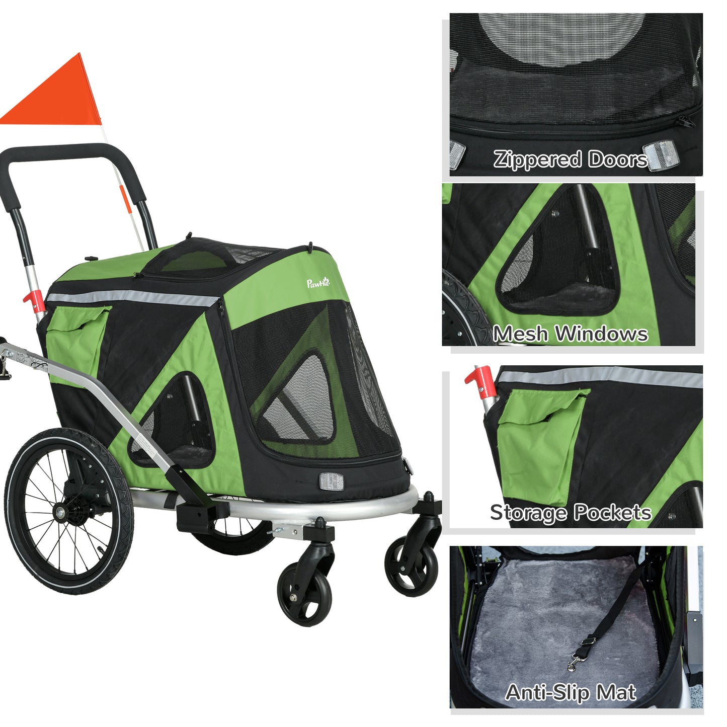 Aosom 2 in 1 Bike Trailer, Foldable Dog Bike Stroller with Aluminum Frame, Quick Release Wheels, Safety Leash, Anti-Slip Mat, Hitch Coupler, Reflectors, Flag for Medium Dogs, Green