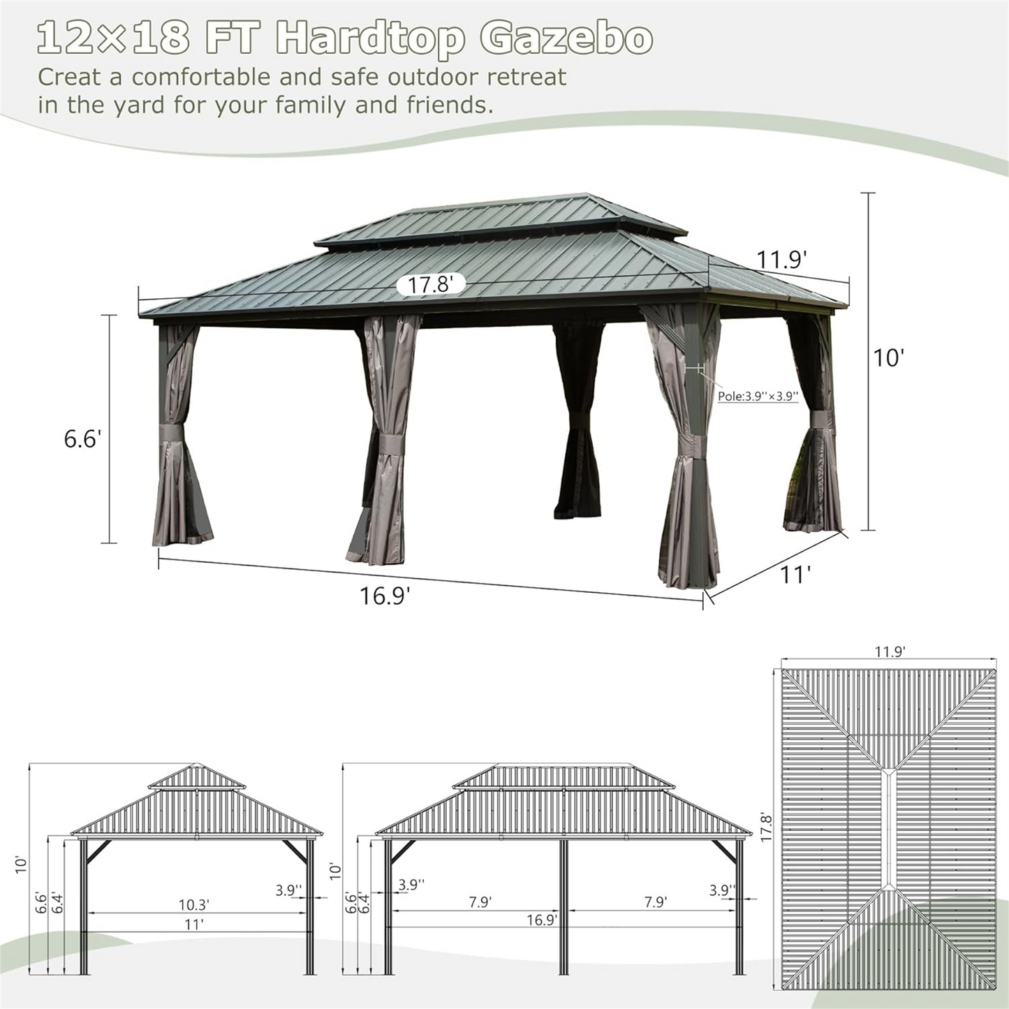 [SantaChoice] 12' X 18' Hardtop Gazebo, Aluminum Metal Gazebo with Galvanized Steel Double Roof Canopy, Curtain and Netting, Permanent Gazebo Pavilion for Patio, Backyard, Deck, Lawn