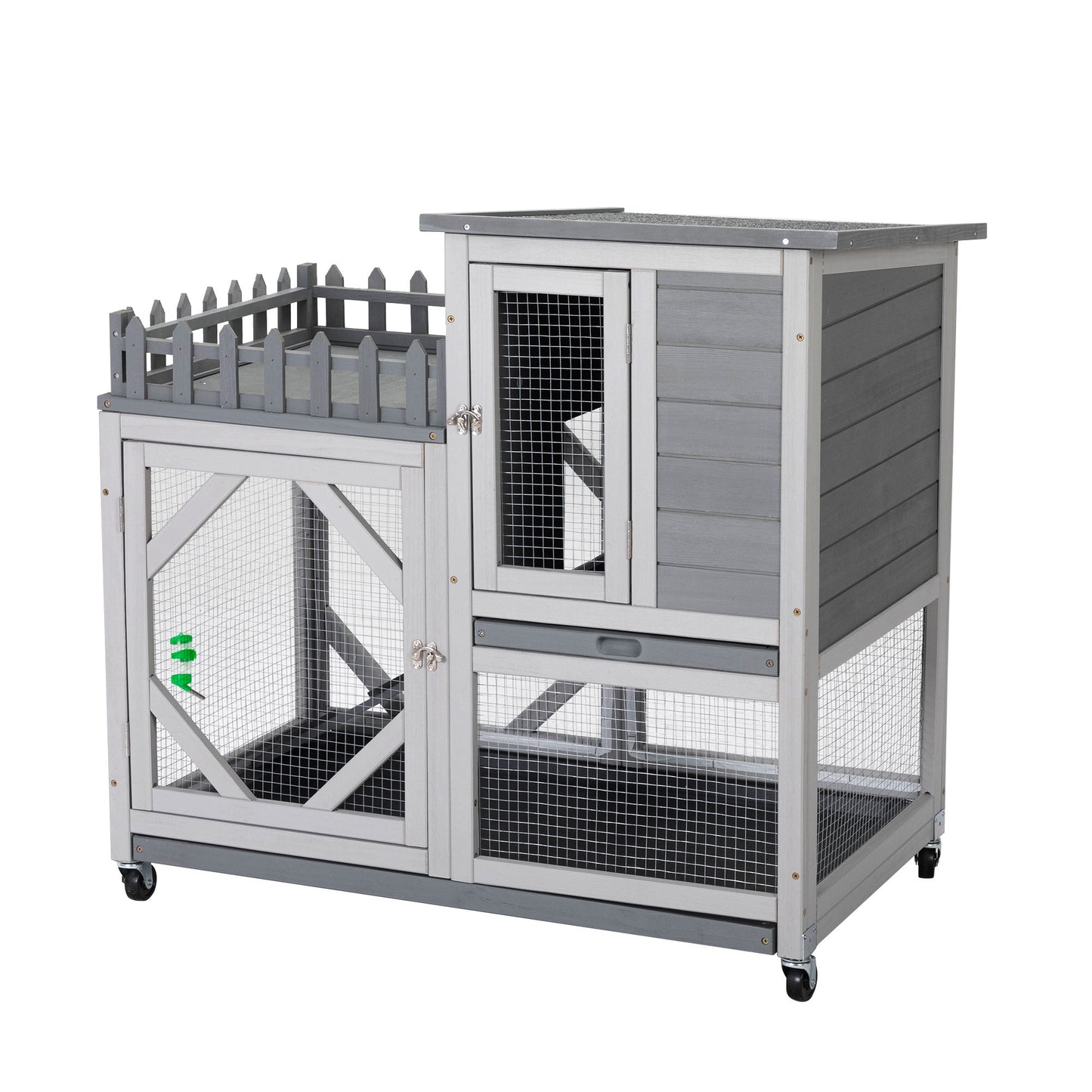 Large Rabbit Hutch, Wooden Bunny Cage with Casters, Fence, Trays, Water Bottle, Indoor and Outdoor Animal House for Rest and Run, Easy Clean, Gray