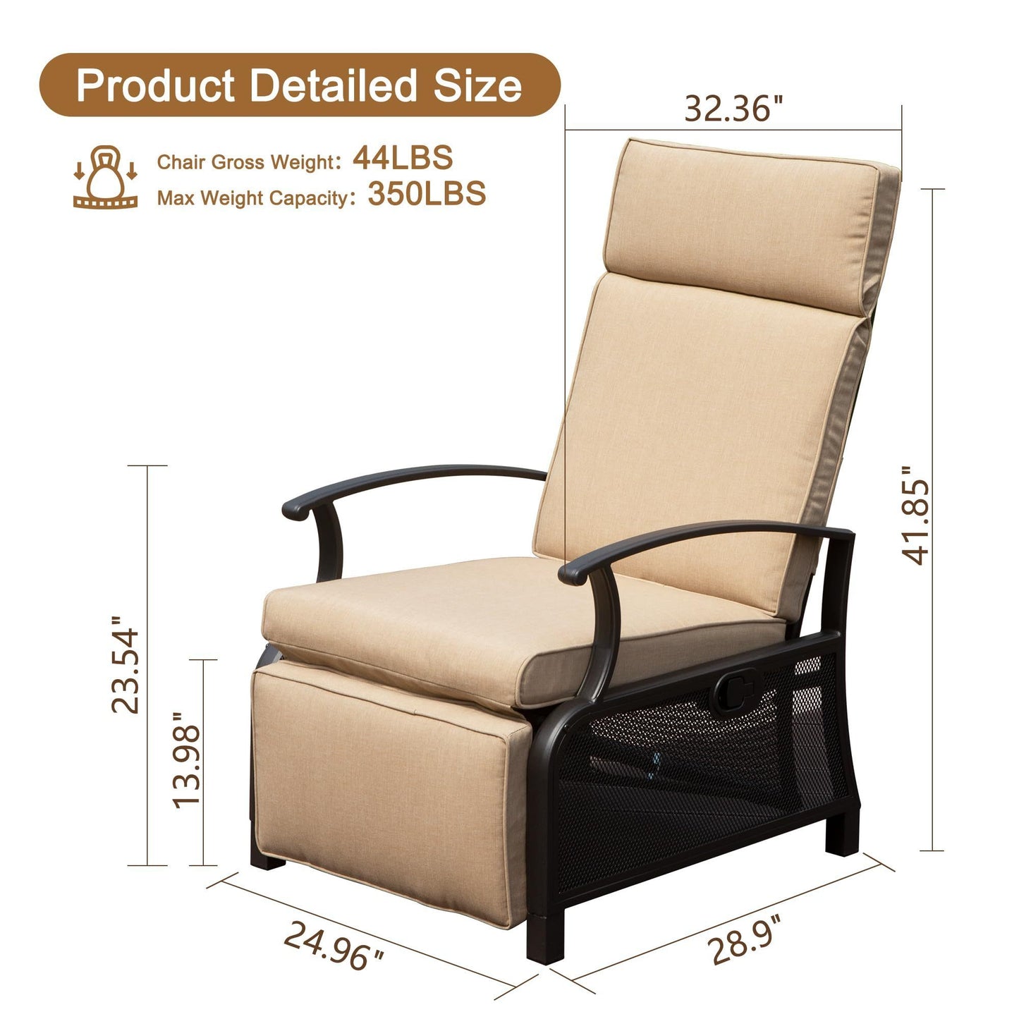 Adjustable Patio Recliner Chair Metal Outdoor Lounge Chair with Flip Table Push Back, Adjustable Angle, 6.8'' Removable Cushions, Support 350lbs, Beige