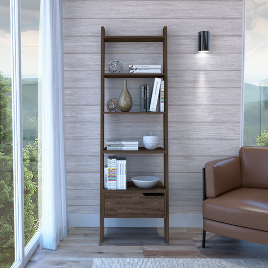 Oslo Ladder Bookcase, Four Legs, One Drawer, Five Open Shelves -Dark Walnut