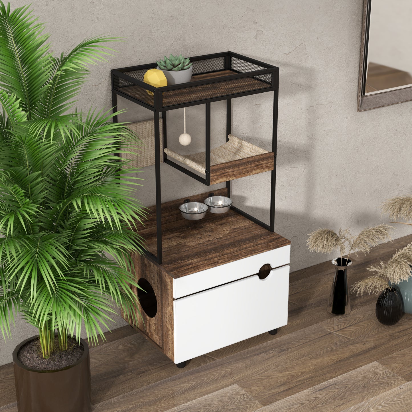 Cat Litter Box Enclosures with Cat Tree Tower, Cat Furniture ,Cat Cabinet