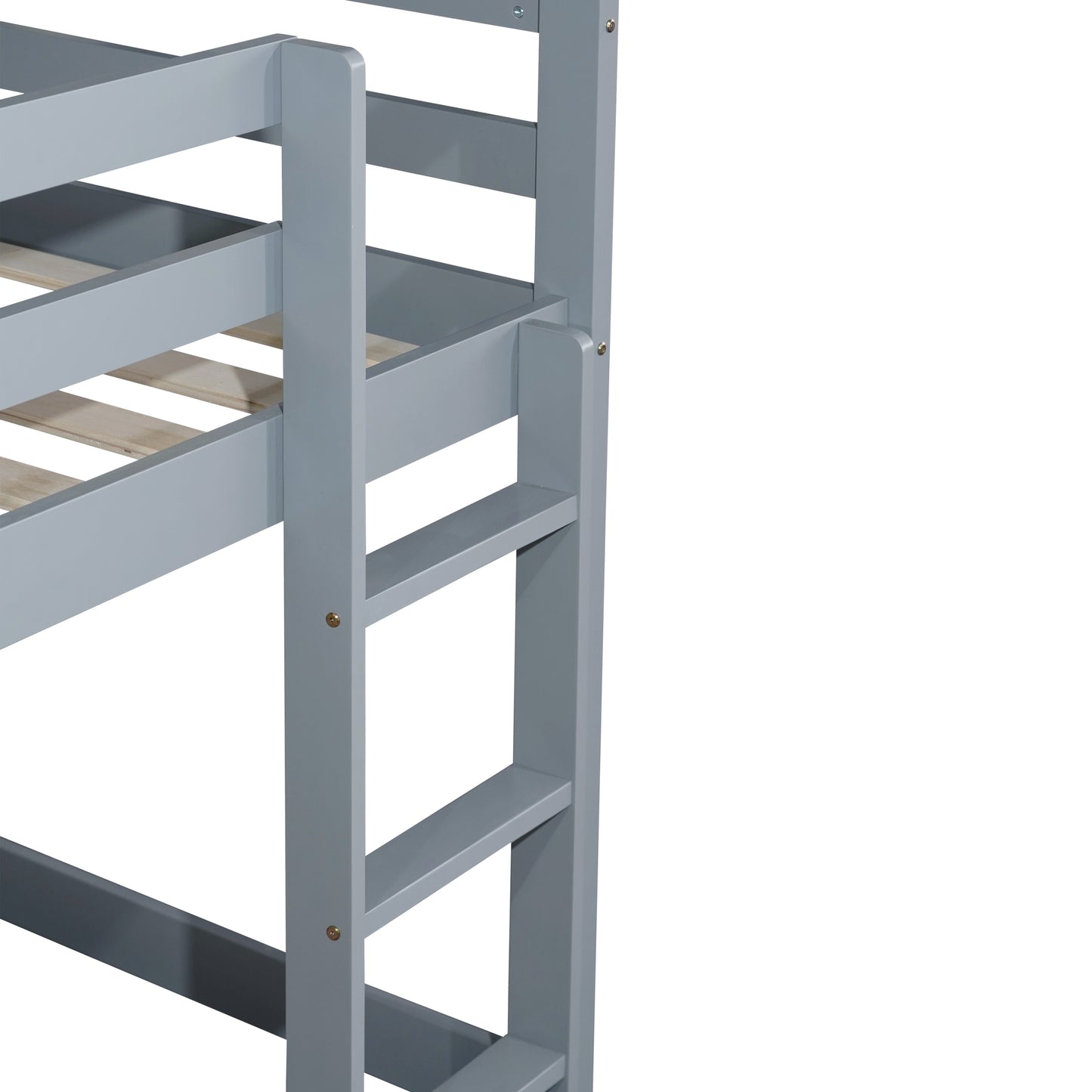 Solid Wooden, Solid Rubber Wooden Twin over Twin Loft Bed with Ladder, with Bed Platform of Strengthened Slats , Grey