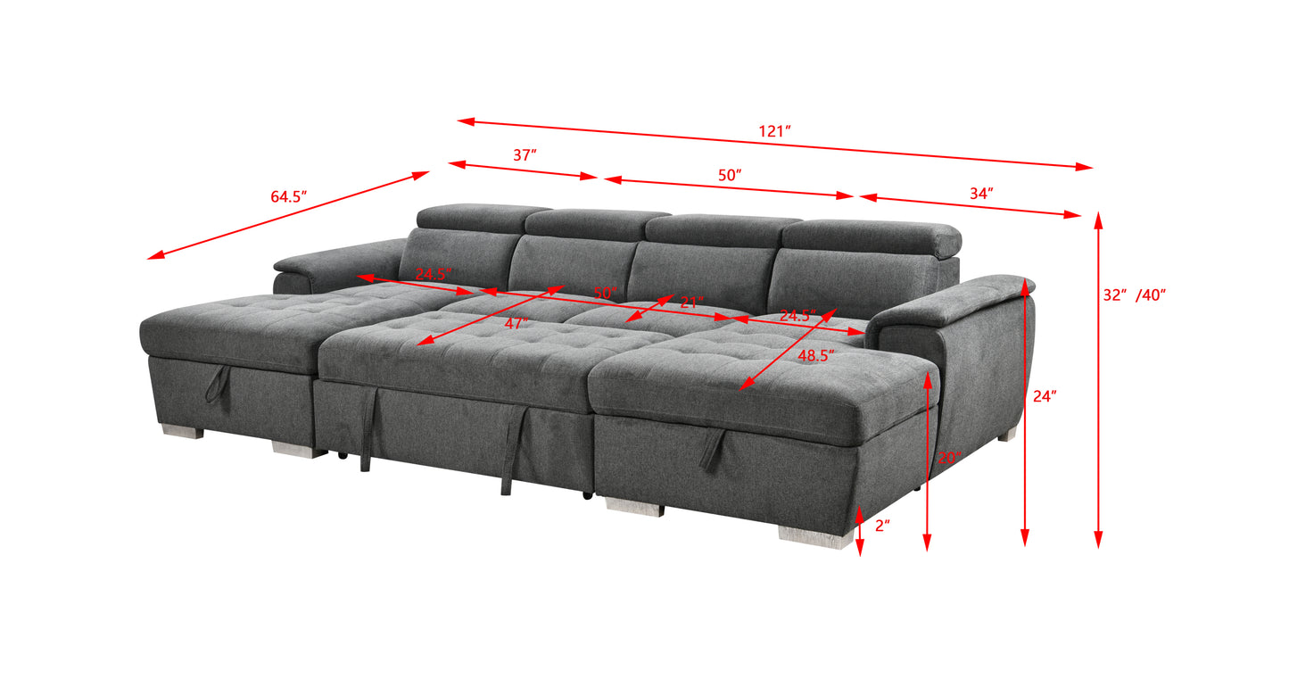 [SantaChoice] U Shaped Sleeper Sofa, 121 inch Overisze - 2 in 1 Pull Out Bed, Sectional Sleeper Sofa with Double Storage Chaise for Living Room Furniture, Dark Grey