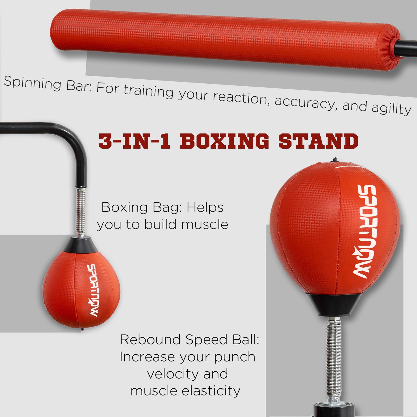 Soozier 4'7"-6'8" Boxing Bag Stand with Speed Bag and Reaction Bar Challenge, Reflex Bag Boxing Training Equipment with Suction Cups and Shock-absorbing System, Red