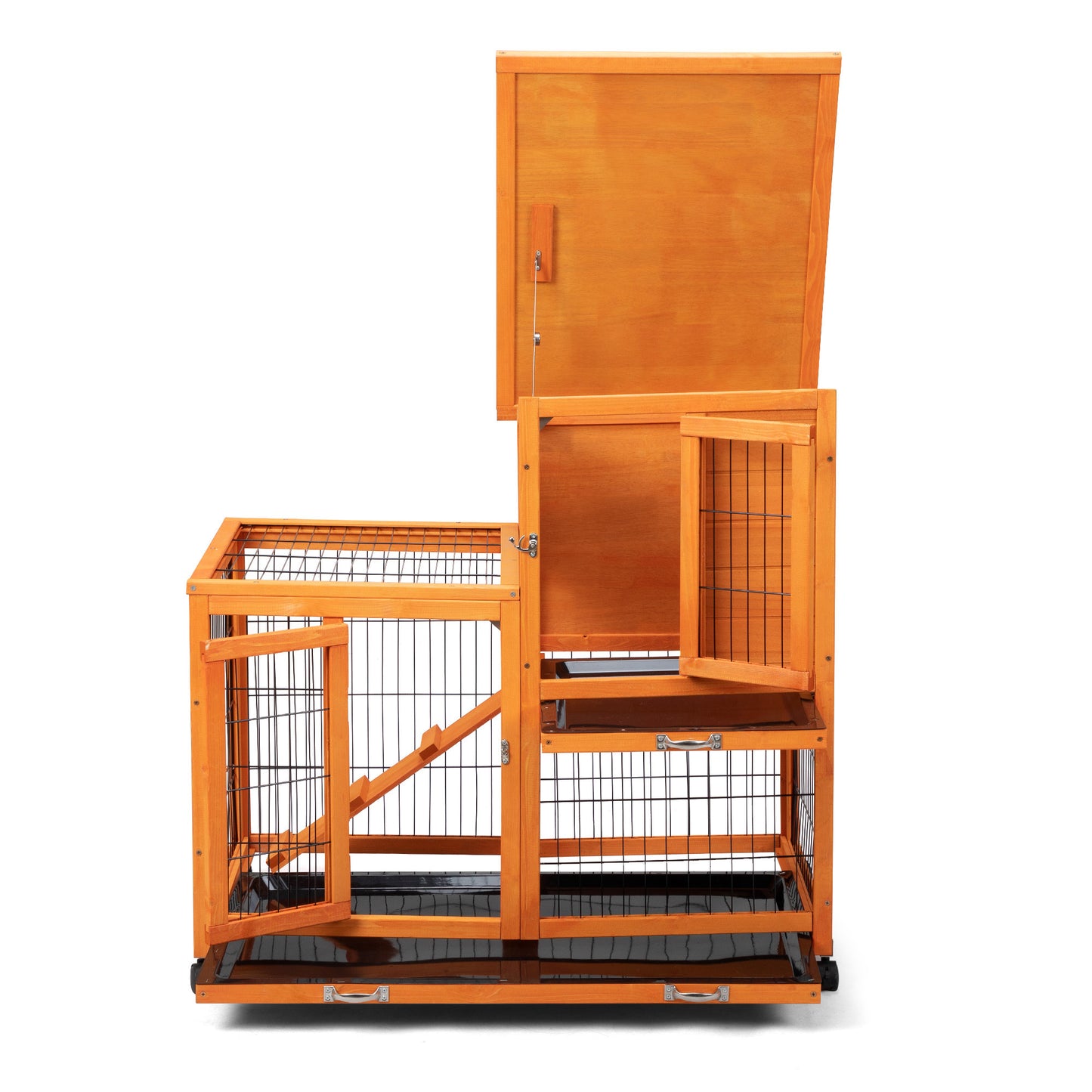 Detachable Rabbit Hutch with Removable Tray and Rolling Casters, Orange