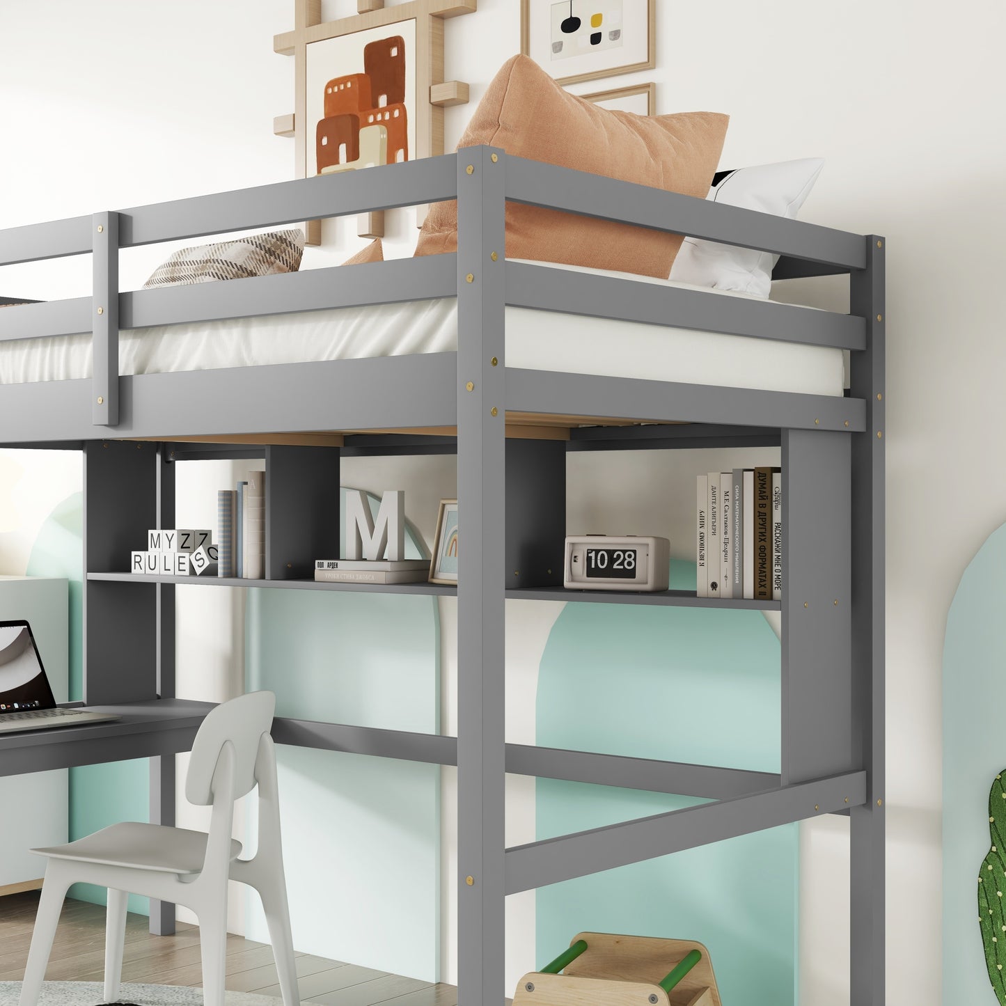 [SantaChoice] Twin Size Loft Bed with desk and shelves, Safety Guardrail and ladder,Grey