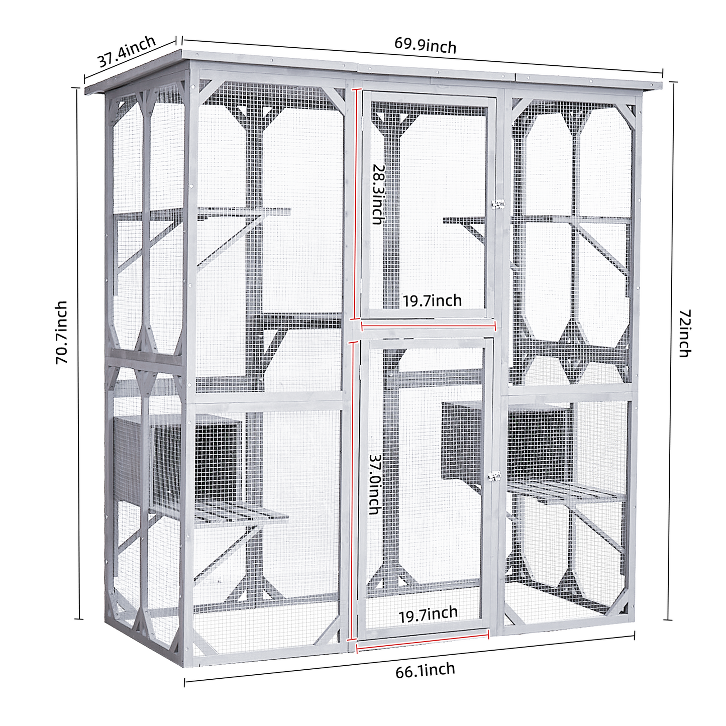 Catio Outdoor Cat Enclosure with Roof 72" Height Cat Wooden House Large Cat Cage with 3 Jumping Platforms and 2 Napping Houses for Cat Activity (Grey)