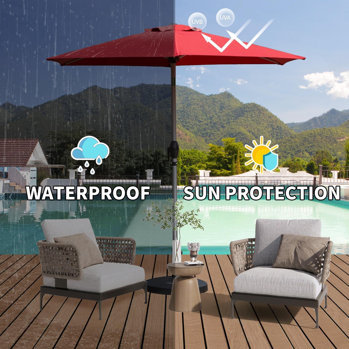 7.5FT Patio Umbrella, Outdoor Table Umbrella with Push Button Tilt and Crank, UV Protection Waterproof Market Sun Umbrella with 6 Sturdy Ribs for Garden, Deck, Backyard, Pool (Brick Red)