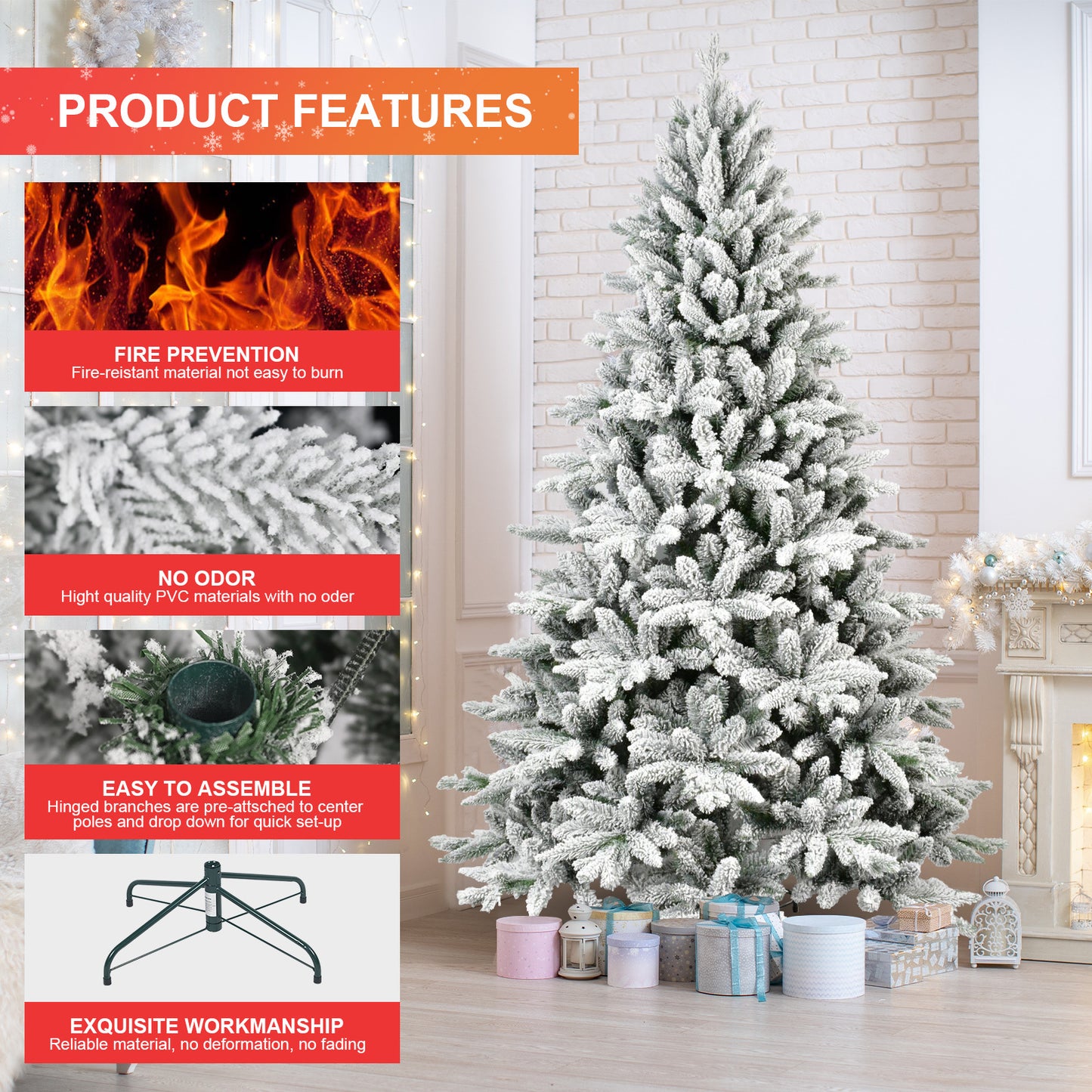 5FT PE&PVC Flocked Artificial Christmas Tree, With 768 branch tips and metal stand, Foldable Fake Tree with Realistic Snowy Foliage for Home Decoration