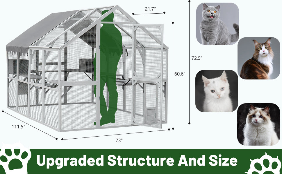 Outdoor Cat House Cat Enclosures 110" Large Kitten Playpen with Platforms,Upgrade Waterproof Cover-Grew&White