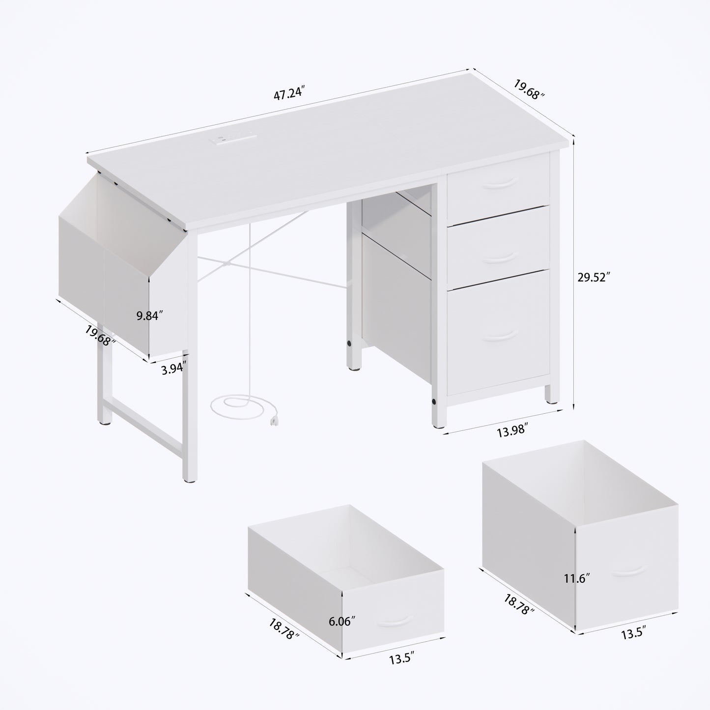 47"office desk with power outlet,3 drawers,Side Pocket, Study Desk Easy to Assemble,Frame stability Reversible for home desk, company computer desk, game table,Vanity table, white