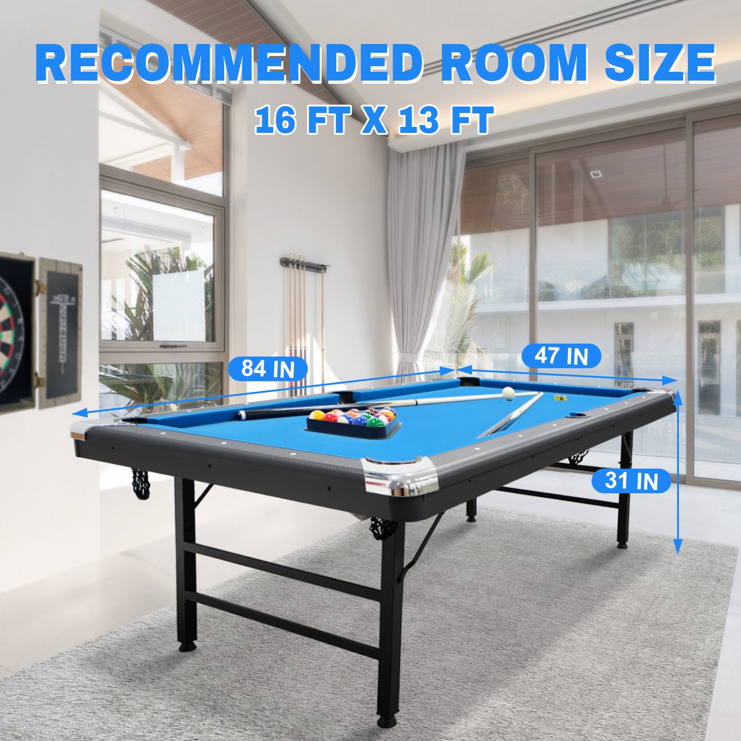 Billiards Table,Portable Pool Table, Includes Full Set of Balls, 2 Cue Sticks, Chalk, and Felt Brush,Folding Pool Table,Simple Assembly Needed,Family Movement