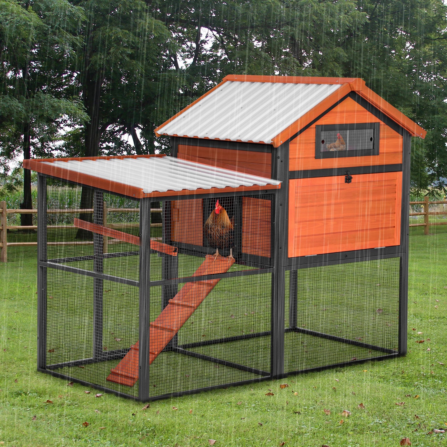 Durable Wood and Iron Chicken Coop with Runway and Waterproof Roof, Suitable for 5-7 Chickens, Built-in Nesting Box