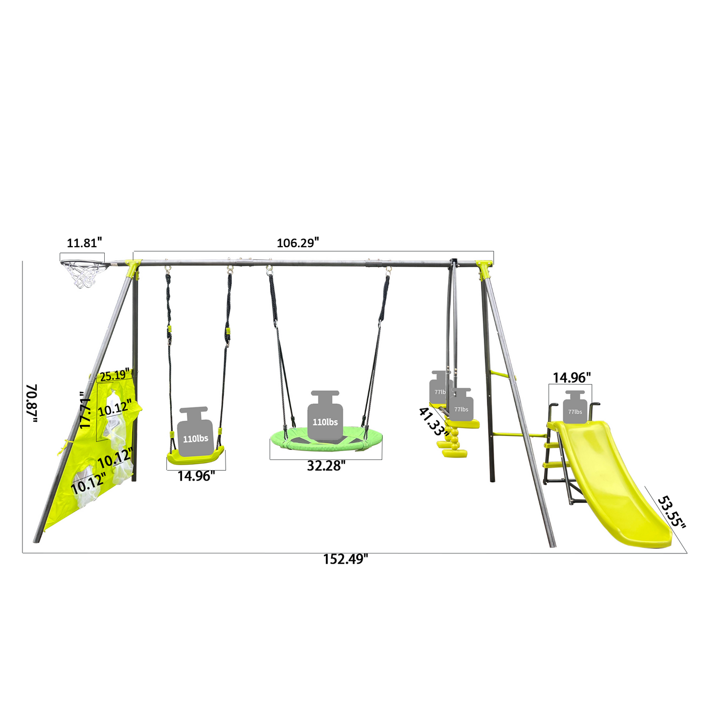 XNS052 green and blue interesting six function swingset with net swing metal plastic safe swing set 440lbs for outdoor playground for age 3+ with 31.5in net swing