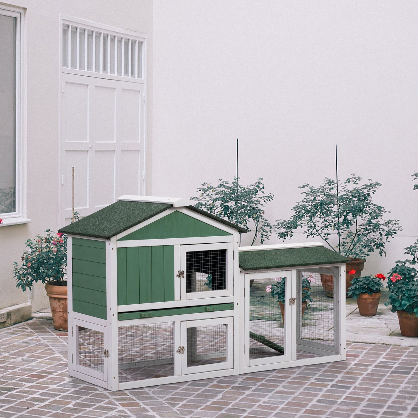 Large Wooden Rabbit Hutch Indoor and Outdoor Bunny Cage with a Removable Tray and a Waterproof Roof, Grey Green+White