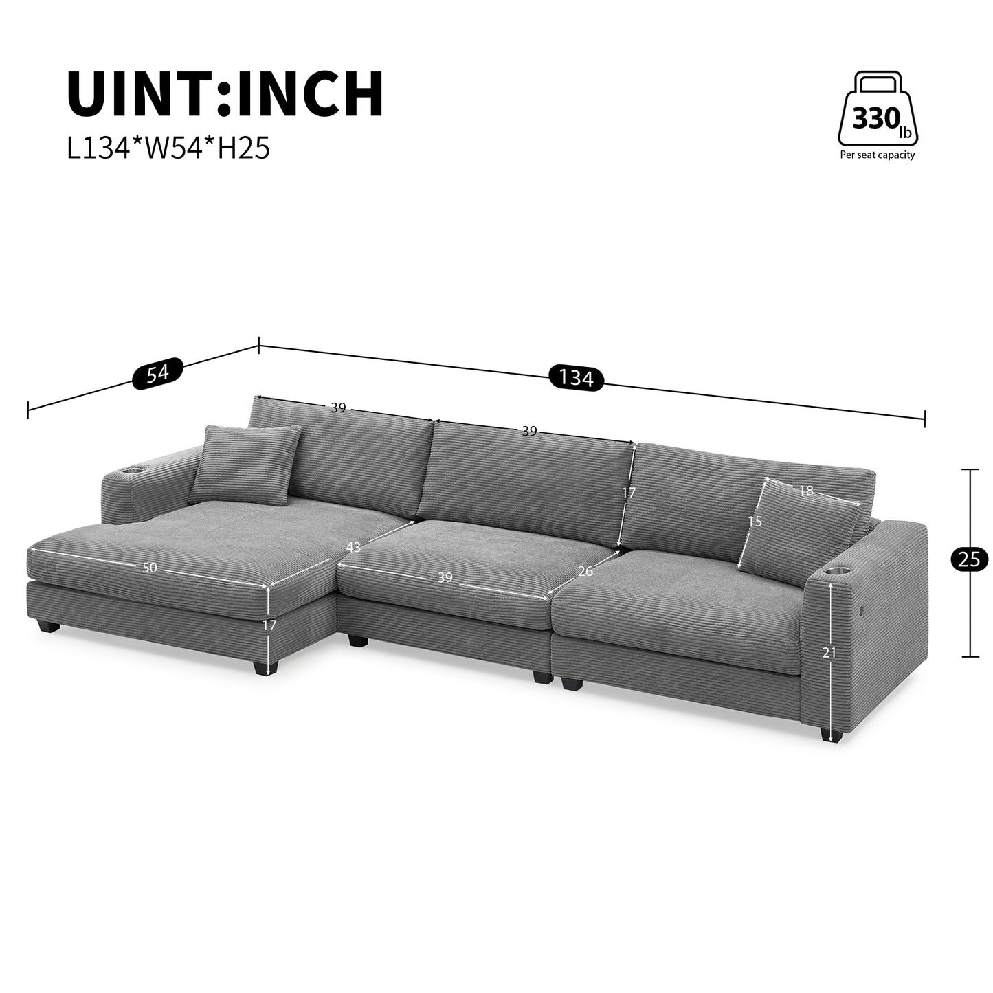 [SantaChoice] 134*54"Oversized Corduroy Sectional Sofa,L Shaped Cloud Couch with USB Charging Port,Cup Holder,Deep Seat Sofa Bed with 50" Chaise,Comfy Indoor Furniture for Living Room,3 Colors