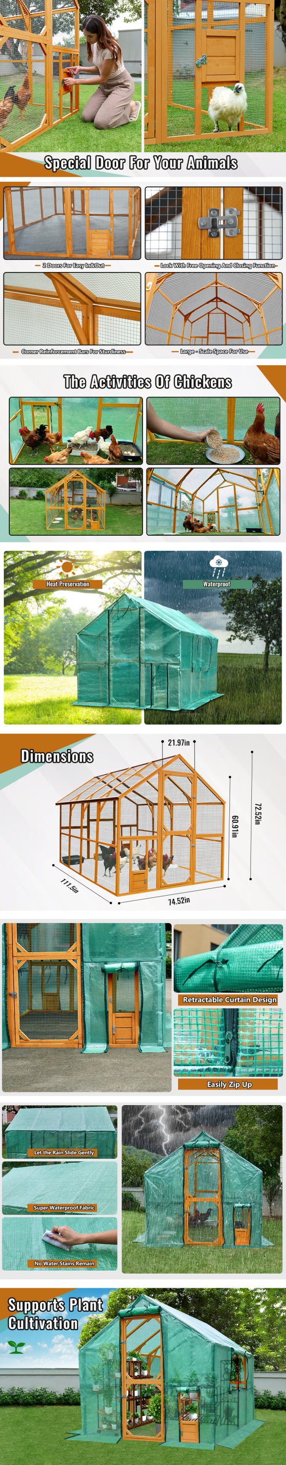 Wooden Chicken Coop 111''×74''×72'' Large Kitten Playpen, Chicken Run with Waterproof Cover and Two Small Doors, Pet Playpen Exercise Pen for Rabbit Duck Cat