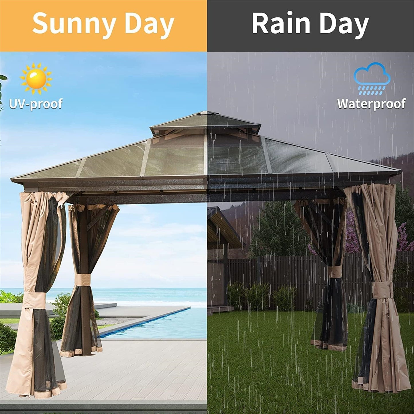 12'x12' Hardtop Gazebo, Permanent Outdoor Gazebo with Polycarbonate Double Roof, Aluminum Gazebo Pavilion with Curtain and Net for Garden, Patio, Lawns, Deck, Backyard(Brown)