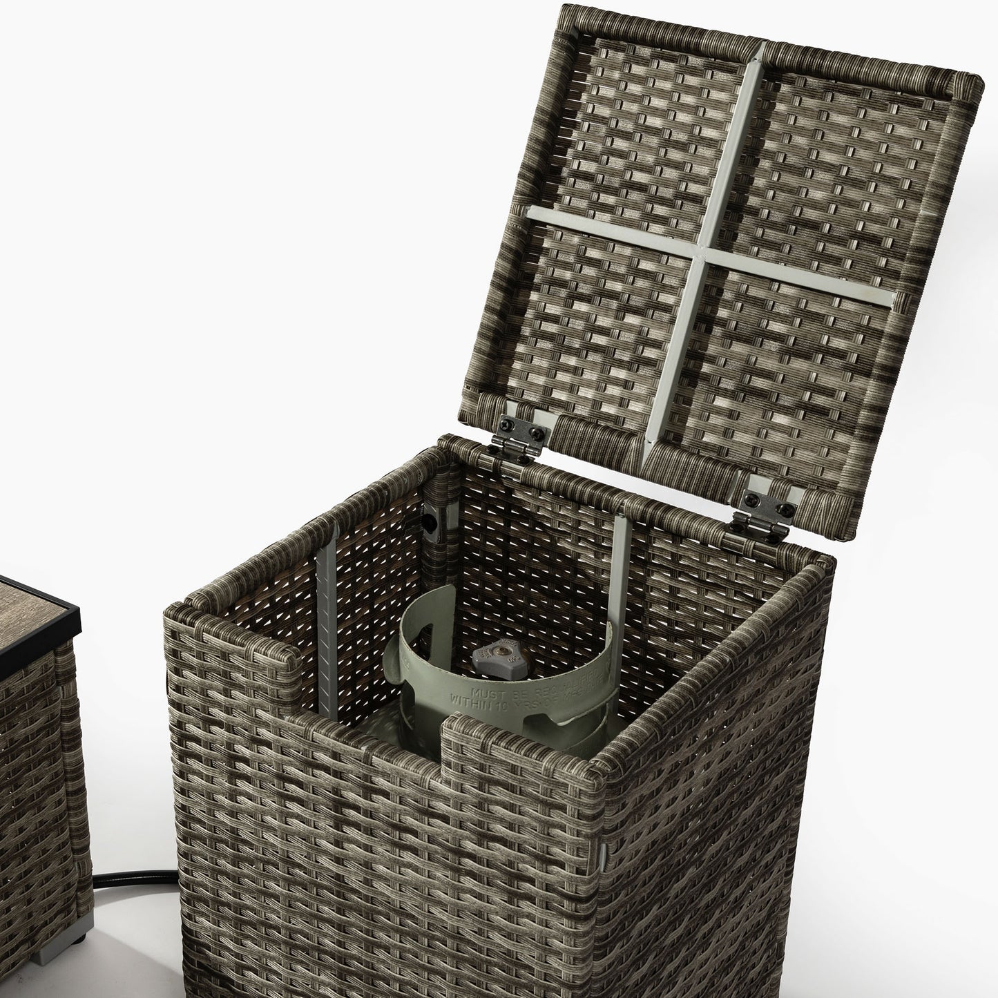 Beige Rattan Fire Pit Table with Tank Holder and Ceramic Tile Tabletop