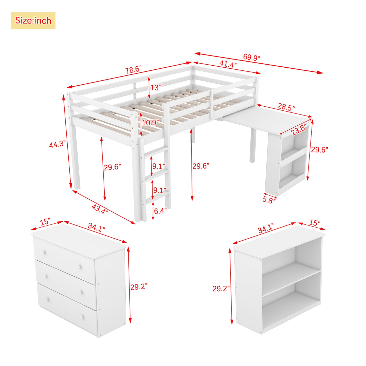 Twin Loft Bed w. stroage case ,drawers,Twin Loft Bed with ,Drawer Cabinet, Shelf Cabinet and Pulling -Out Desk,Rubber Wood Loft Bed with Safety Guardrail ,Ladder,White