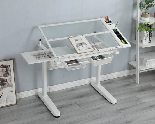 [SantaChoice] hand crank adjustable drafting table drawing desk with 2 metal drawers (white)WITH STOOL