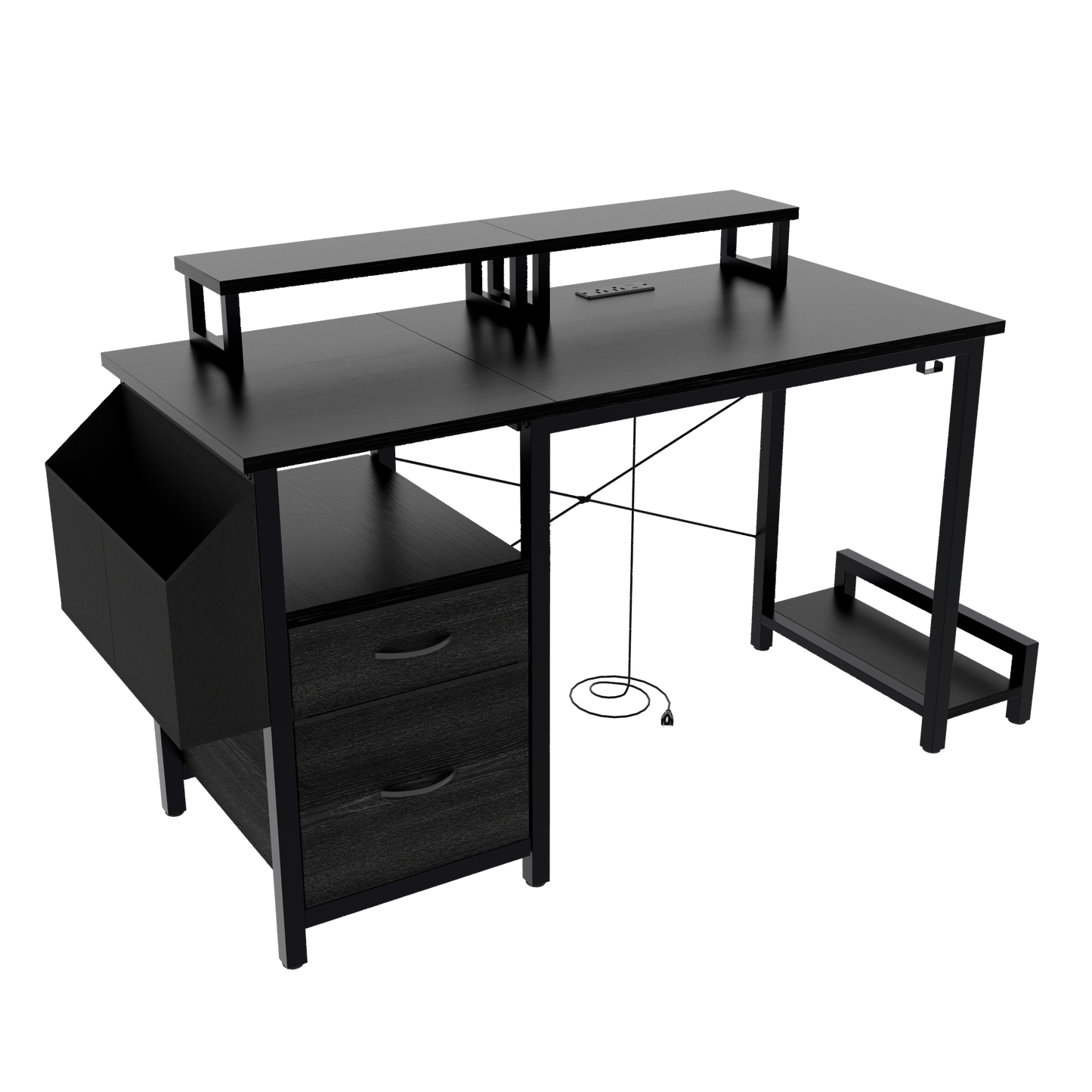 47" Computer Desk with power outlet,Monitor Stands,Shelves, Office Desk/Writing Table/Gaming desk With drawers,Large Side Pocket and Hooks,Easy to Assemble,Frame stability Reversible,Black