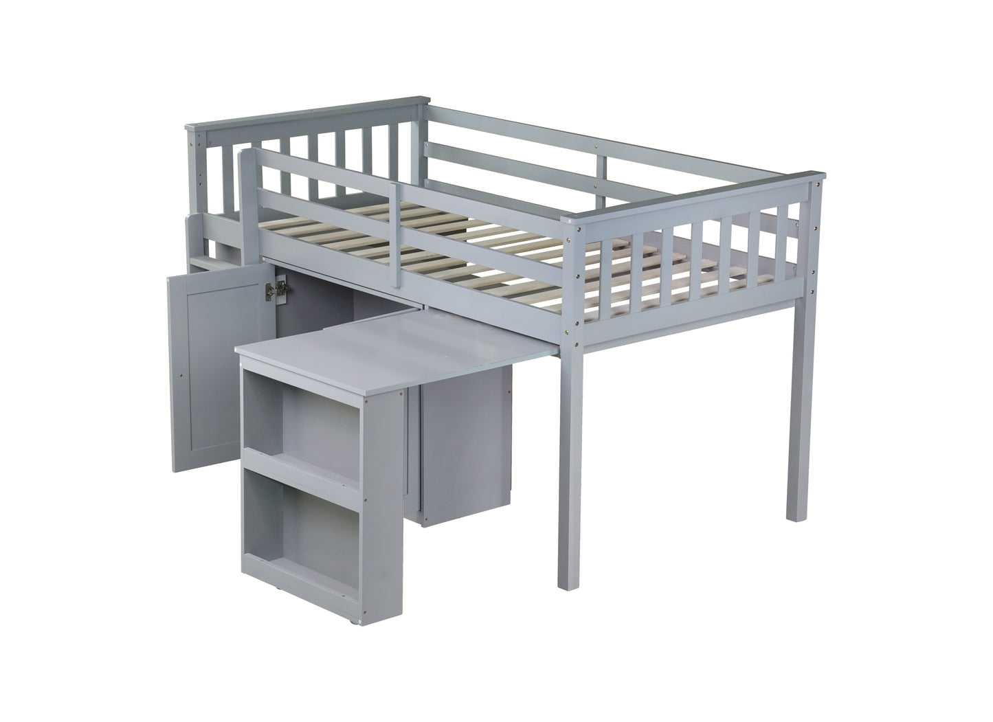 Twin Loft Bed with Storage Cabinet, Drawer and Shelf Cabinet and Pulling-Out Desk, Rubber Wood Loft Bed with Safety Guardrail, Ladder,Grey