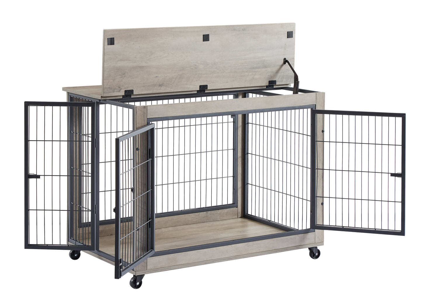 Furniture Style Dog Crate Side Table on Wheels with Double Doors and Lift Top.Grey,38.58''w x 25.5''d x 27.36''h.