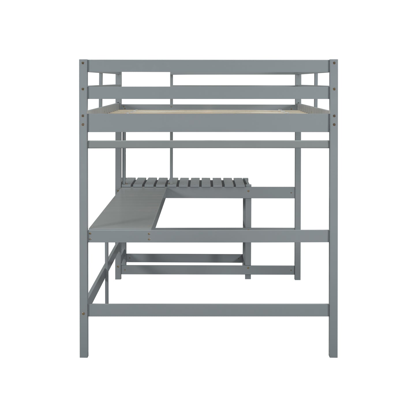 Full Size High Loft Bed with Built-in Desk, Ladder Platform, Ladders, Guardrails ,Grey