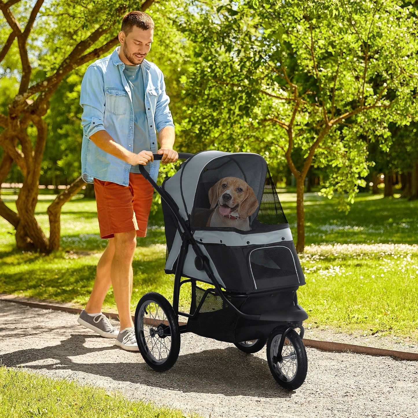 PawHut Pet Stroller for Small and Medium Dogs, 3 Big Wheels Foldable Cat Stroller with Adjustable Canopy, Safety Tether, Storage Basket, Gray