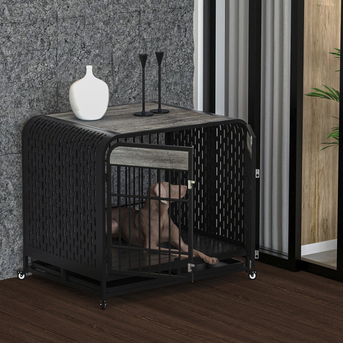 Heavy Duty Dog Crate Furniture Wooden Table Pet Dog Cage Kennel House Indoor Side End Table Decor with Removable Trays and Lockable Wheels for Medium and Large Dogs 42" Grey