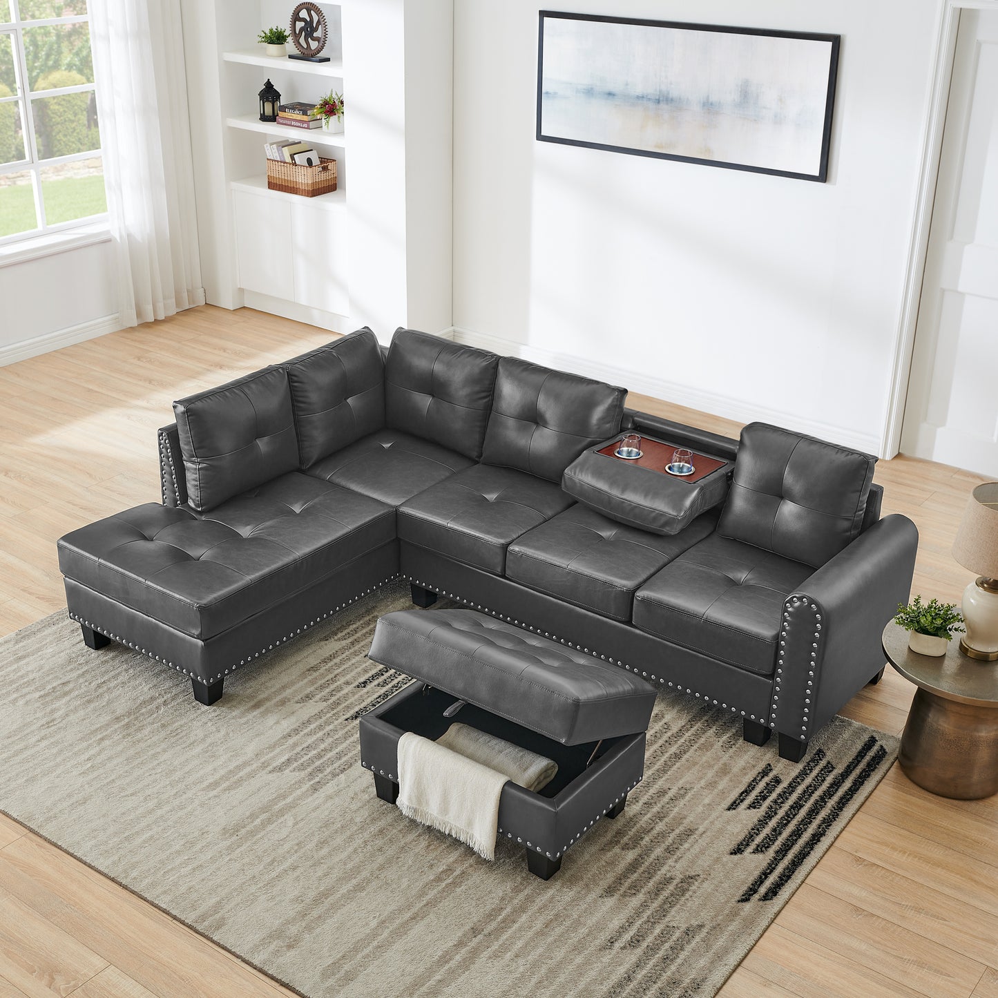 [SantaChoice] Sectional 3-Seaters Sofa , reversible recliner, Storage pad and wood grain cup holder, Non-slip leg, pu, grey