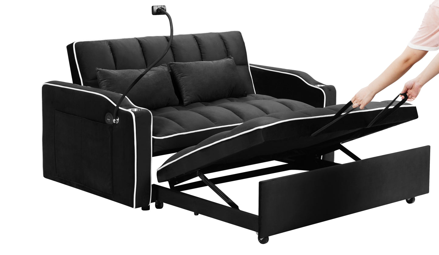 Multi-functional pullout sofa bed, 3 lengths, modern sofa sofa velvet pull-out bed, adjustable back, with USB port, ashtray and swivel phone stand( black)