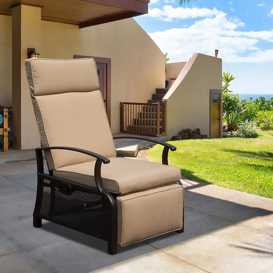 Adjustable Patio Recliner Chair Metal Outdoor Lounge Chair with Flip Table Push Back, Adjustable Angle, 6.8'' Removable Cushions, Support 350lbs, Beige