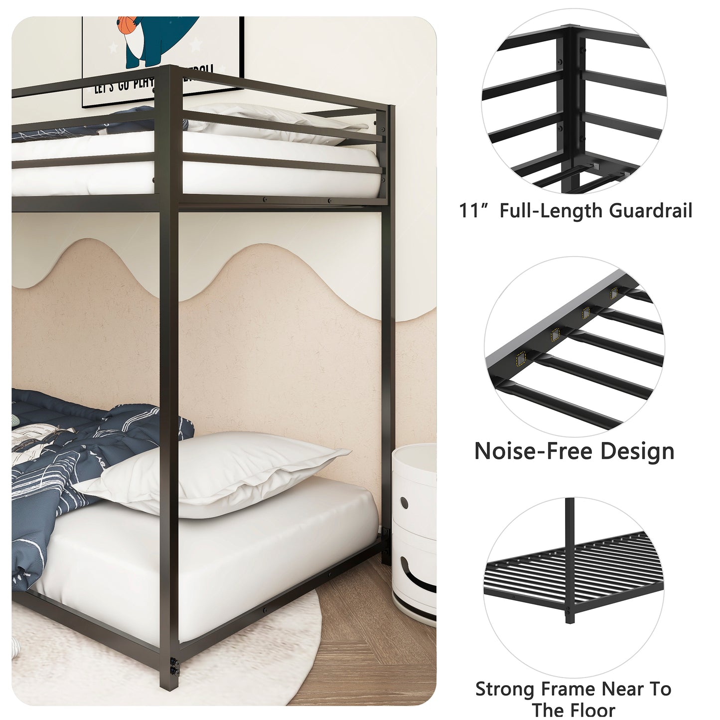 Adam Sturdy Twin over Twin Bunk Bed Metal Black for Kids and Adult, Low Profile Twin over twin bunk bed with Ladder and Guardrails, Easy Climbing, Beds for Bedroom