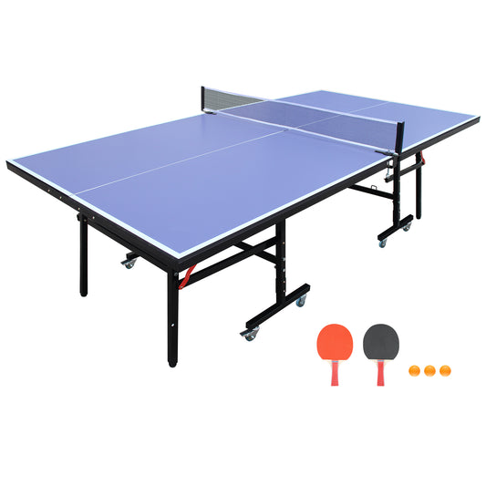 8ft Mid-Size Table Tennis Table Foldable & Portable Ping Pong Table Set for Indoor Games with Net, 2 Table Tennis Paddles and 3 Balls