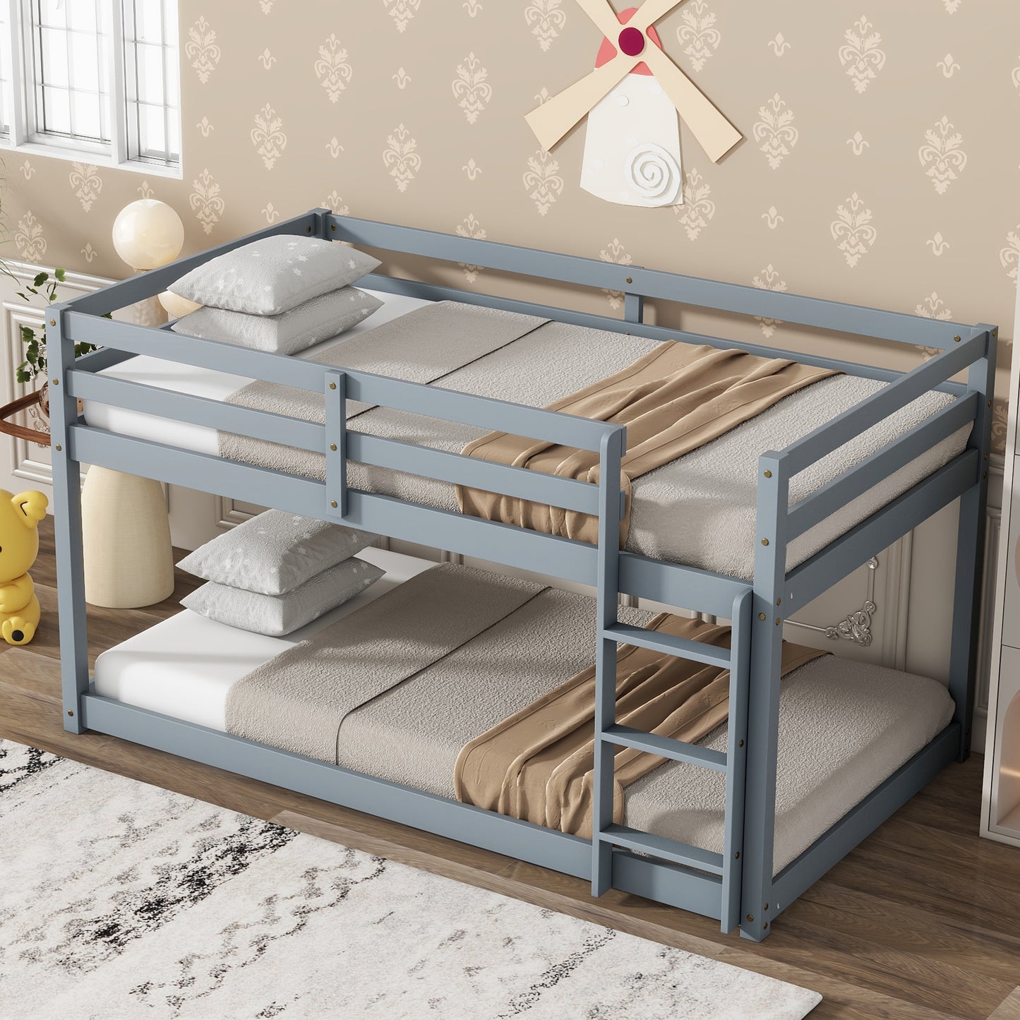 Solid Wooden, Solid Rubber Wooden Twin over Twin Loft Bed with Ladder, with Bed Platform of Strengthened Slats , Grey