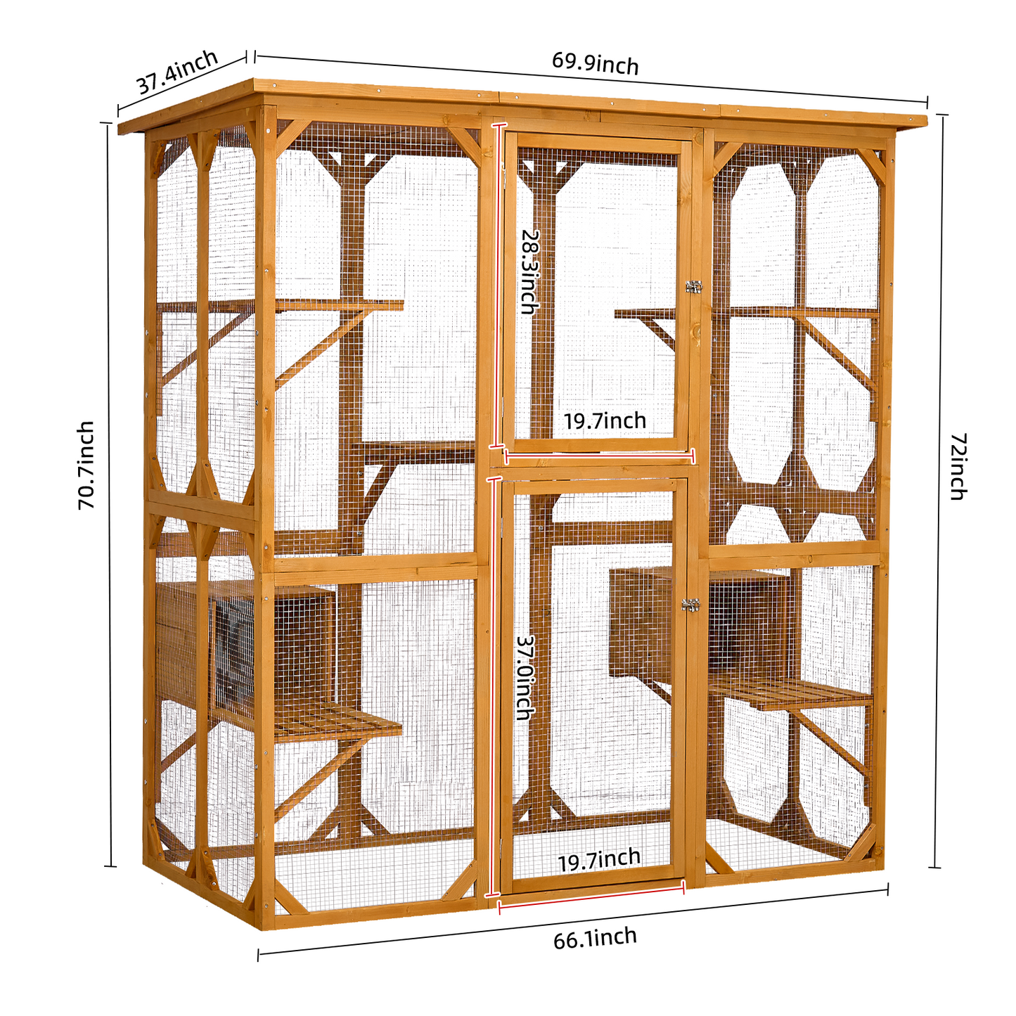 Catio Outdoor Cat Enclosure with Roof 72" Height Cat Wooden House Large Cat Cage with 3 Jumping Platforms and 2 Napping Houses for Cat Activity (Yellow)