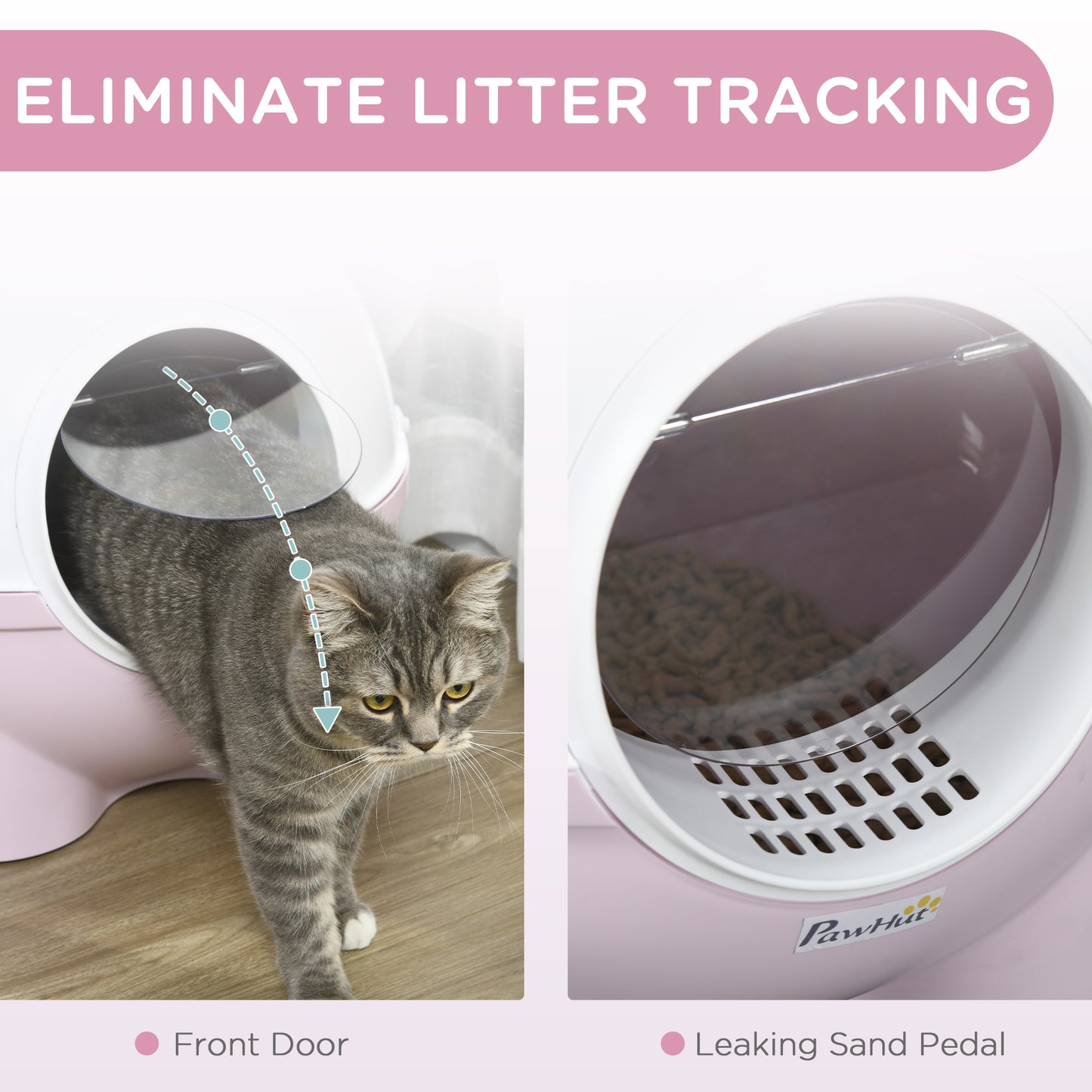 PawHut Hooded Cat Litter Box, Large Kitty Litter Pan with Lid, Scoop, Leaking Sand Pedal, Top Handle, Light Pink