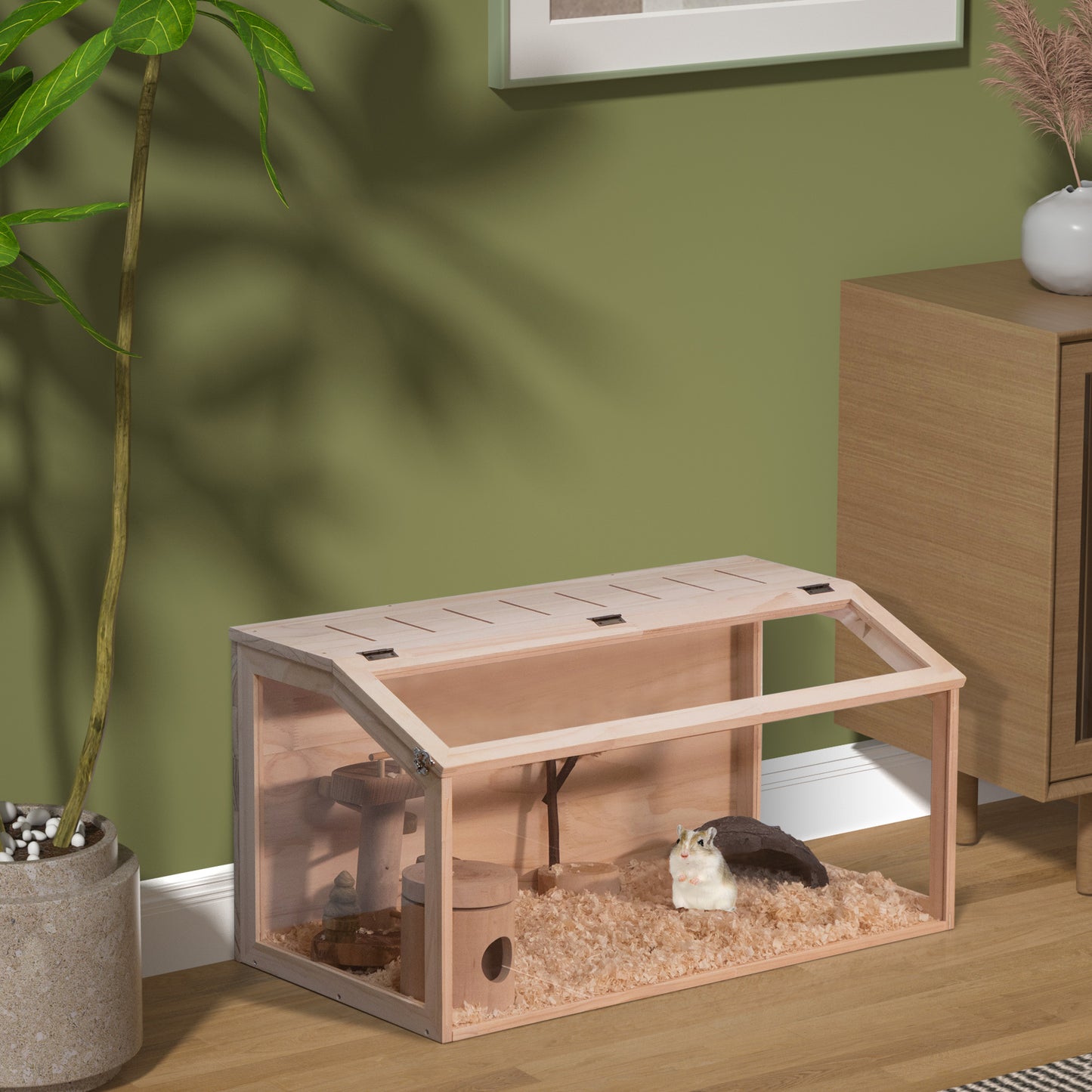 Wooden Hamster Cage Small Animals House, Acrylic Hutch for Dwarf Hamster, Guinea Pig, Chinchilla, Openable Top with Air Vents