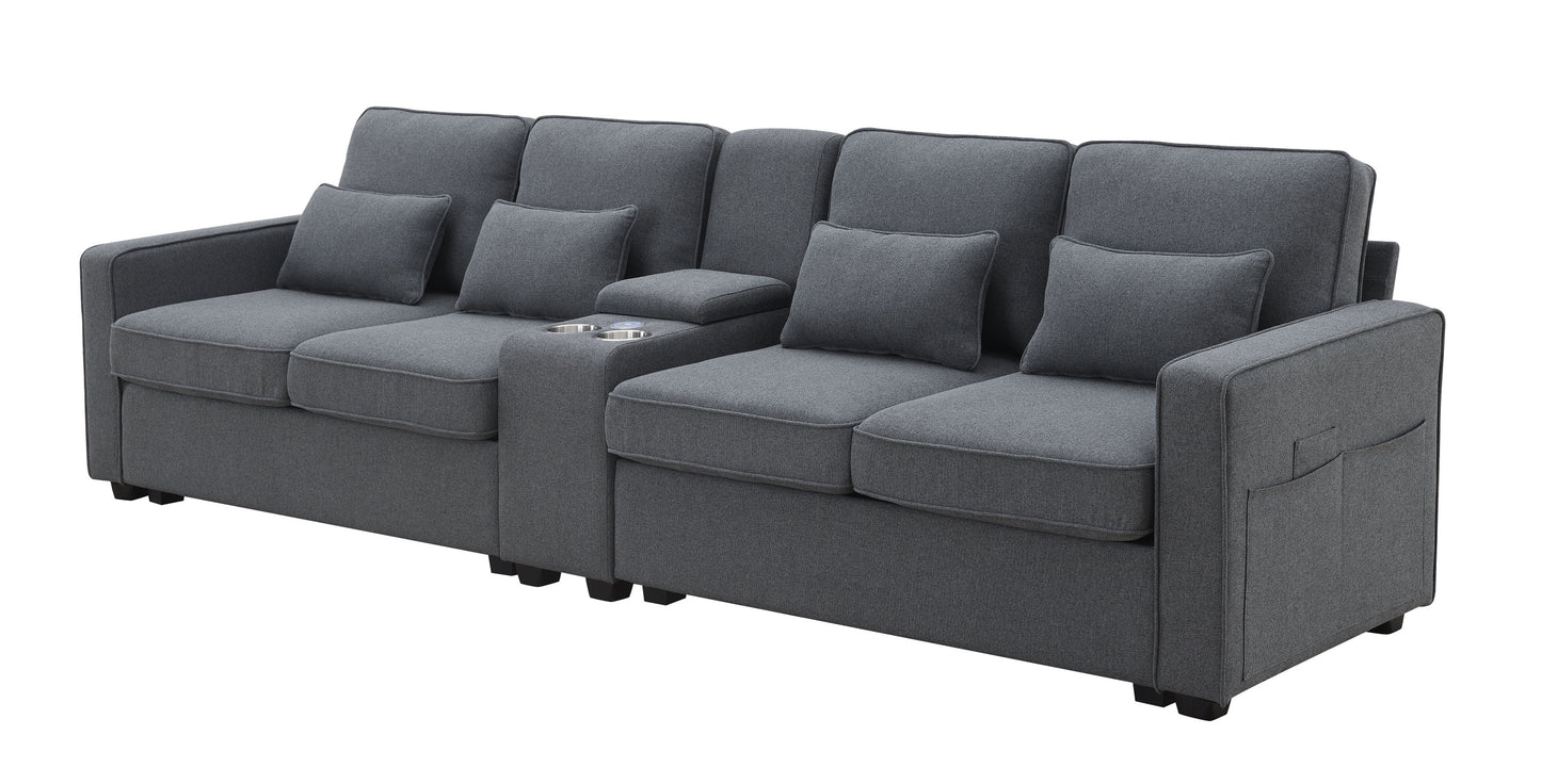 [SantaChoice] 114.2" Upholstered Sofa with Console, 2 Cupholders and 2 USB Ports Wired or Wirelessly Charged, Modern Linen Fabric Couches with 4 Pillows for Living Room, Apartment (4-Seat)