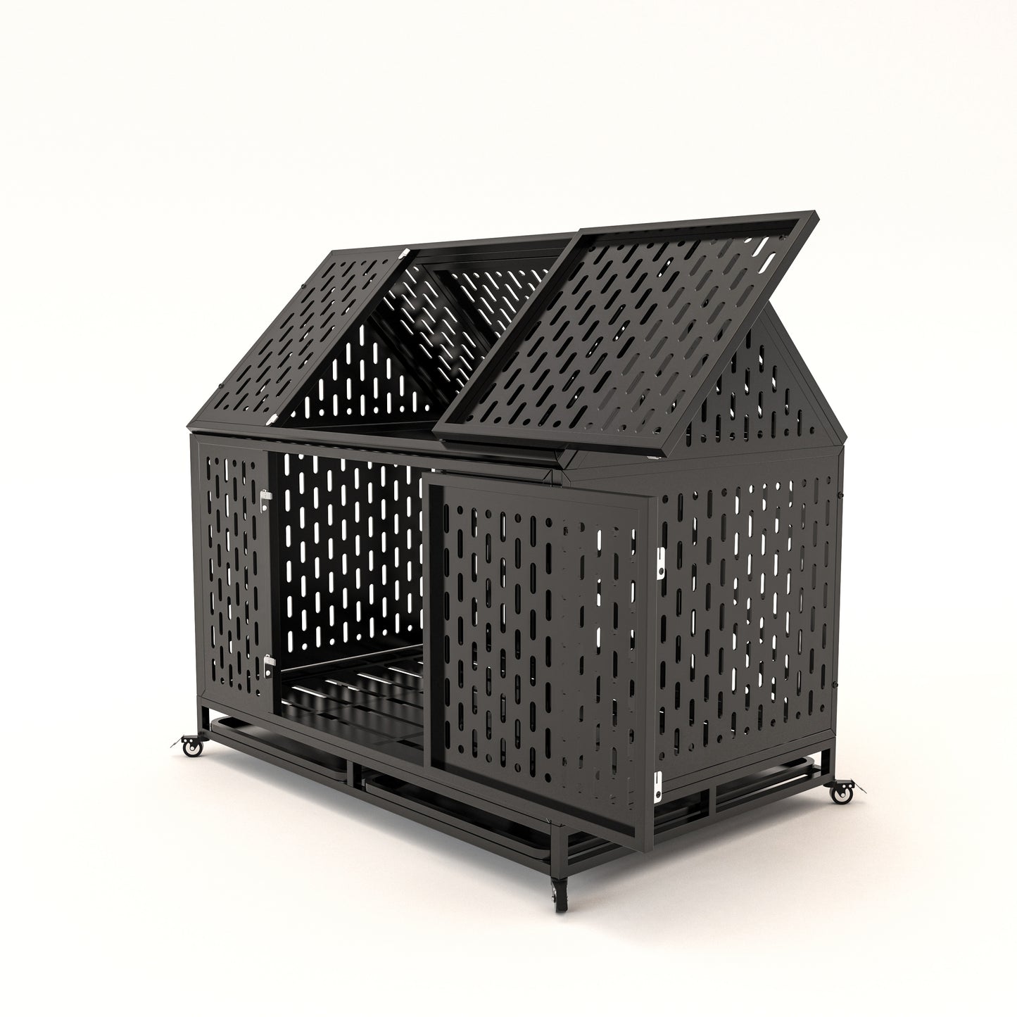 45" Heavy Duty Dog Crate Indestructible Pet Dog Cage Crate Kennel with Roof Top 2 Doors Removable Trays, Lockable Wheels, Escape-Proof for High Anxiety Large/Extra Dogs