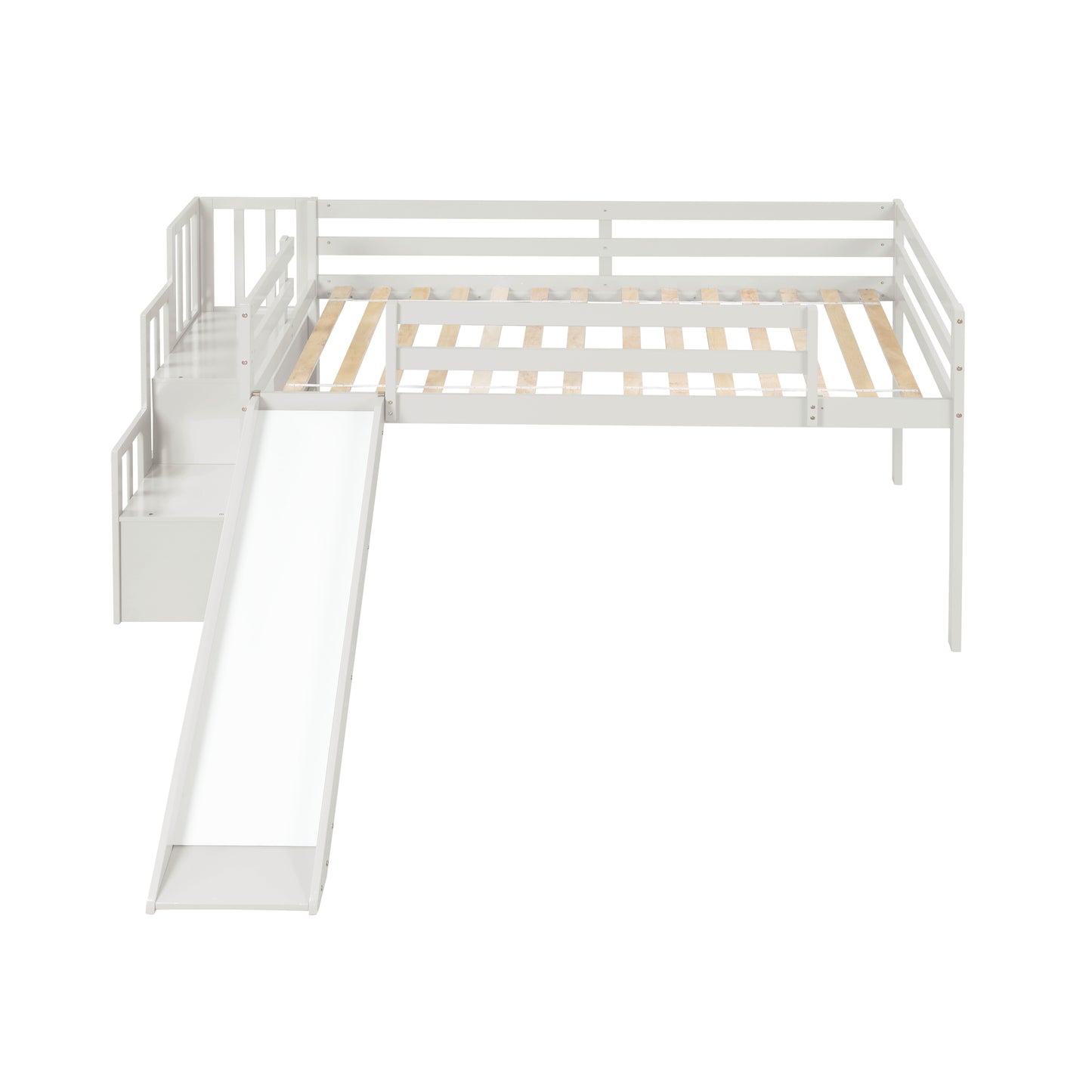 Loft Bed with Staircase, Storage, Slide, Twin size, Full-length Safety Guardrails, No Box Spring Needed, White (Old Sku:W504S00004)