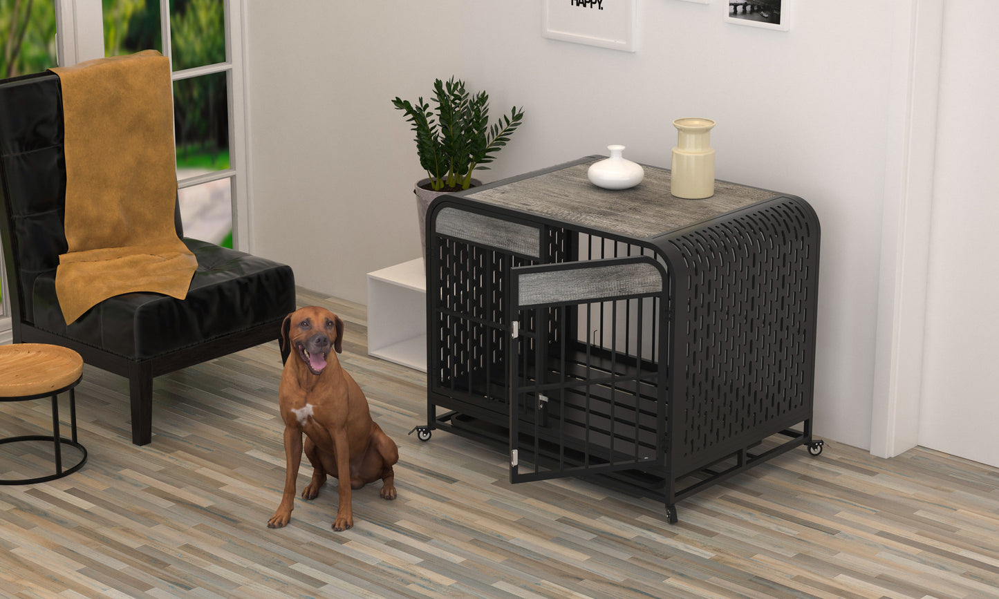 Heavy Duty Dog Crate Furniture Wooden Table Pet Dog Cage Kennel House Indoor Side End Table Decor with Removable Trays and Lockable Wheels for Small Dogs 33" Grey