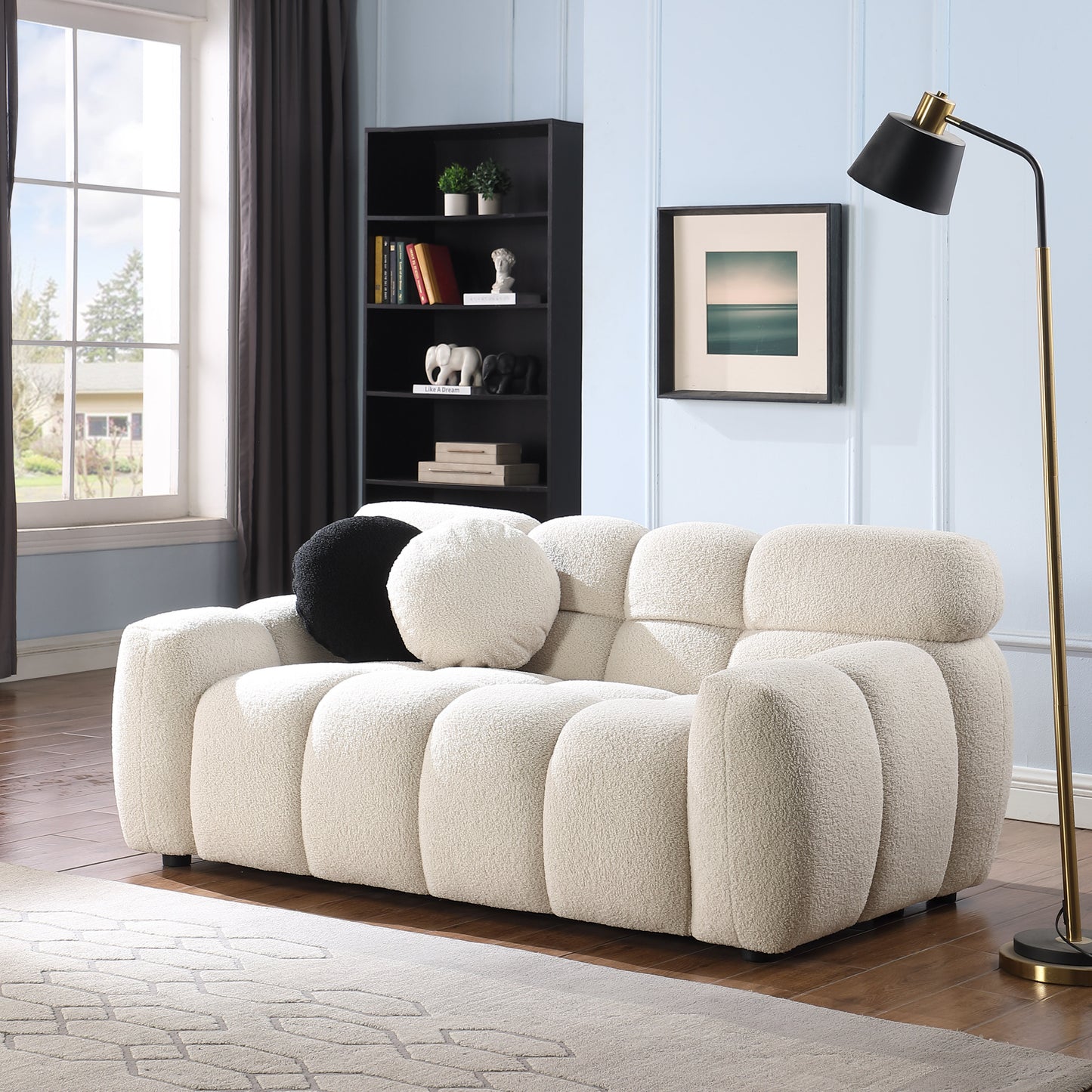 [SantaChoice] 64.96 length ,35.83" deepth ,human body structure for USA people,  marshmallow sofa,boucle sofa ,2  seater, BEIGE  BOUCLE