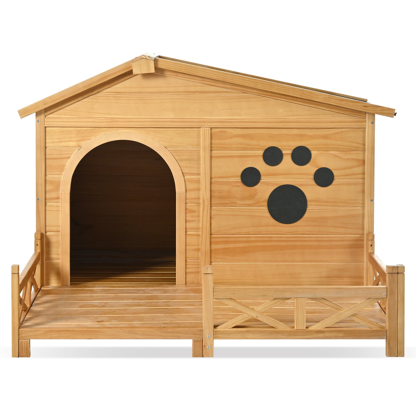 48" Wooden Dog House Outdoor with Porch, Dog Kennel with Water-Resistant Asphalt Roof and Fencing,Indoor & Outdoor Dog Crate with Paw Print, Medium, Nature