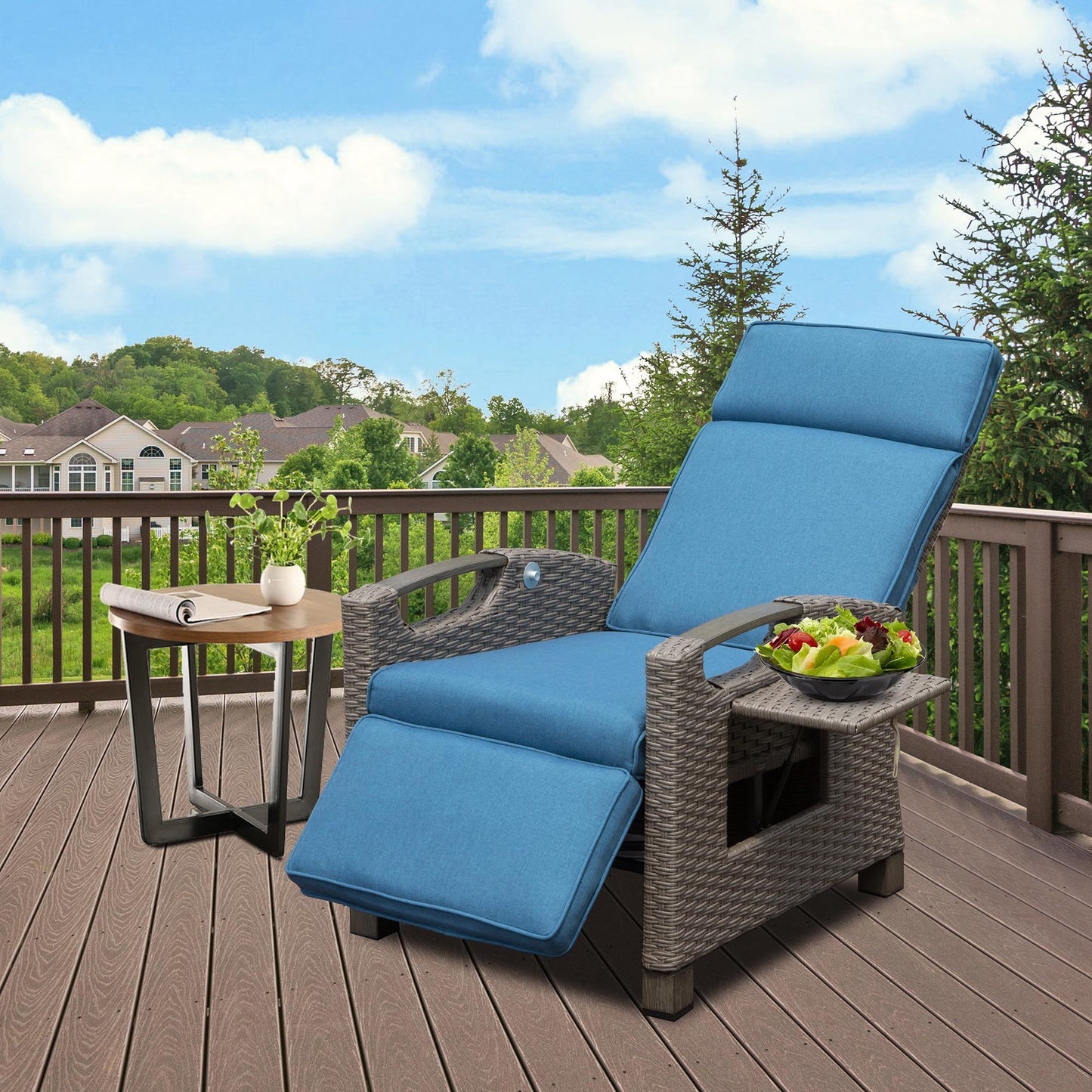 Outdoor Recliner Chair, Patio Recliner with Hand-Woven Wicker, Flip Table Push Back, Adjustable Angle, 6.8'' Thickness Cushions, Reclining Lounge Chair for Indoor and Outdoor, Navy Blue