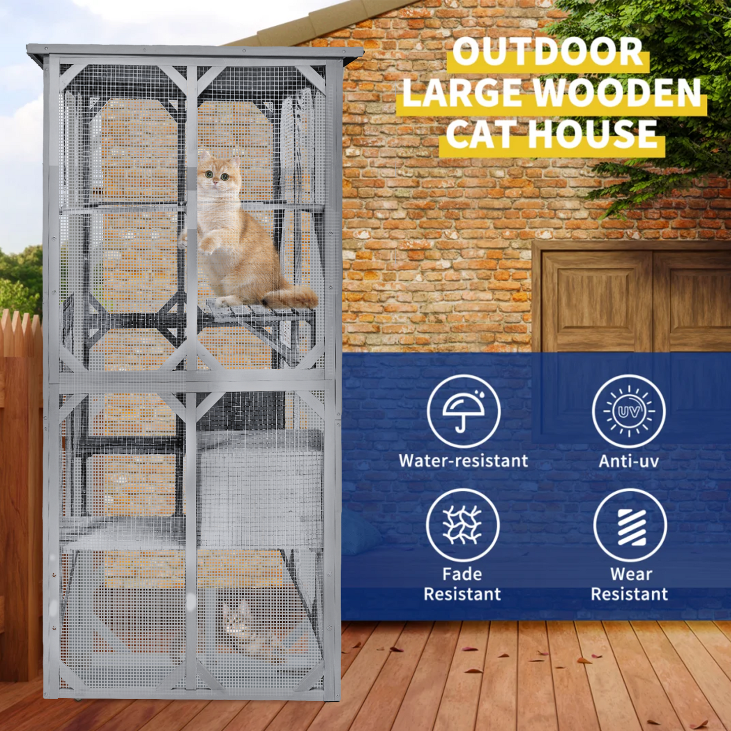 Catio Outdoor Cat Enclosure with Roof 72" Height Cat Wooden House Large Cat Cage with 3 Jumping Platforms and 2 Napping Houses for Cat Activity (Grey)