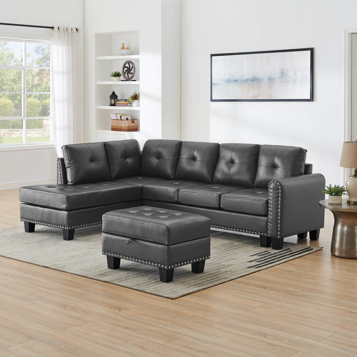 [SantaChoice] Sectional 3-Seaters Sofa , reversible recliner, Storage pad and wood grain cup holder, Non-slip leg, pu, grey